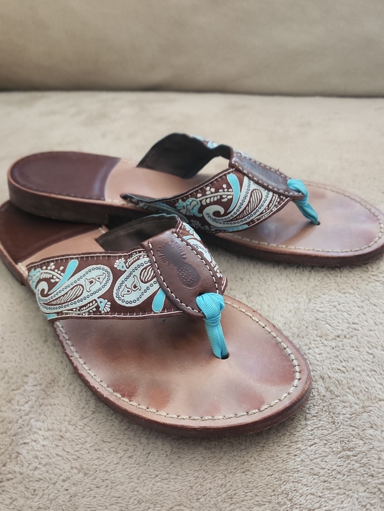 Shoes - Leather Brown & Teal Paisley Thong Sandals - Women